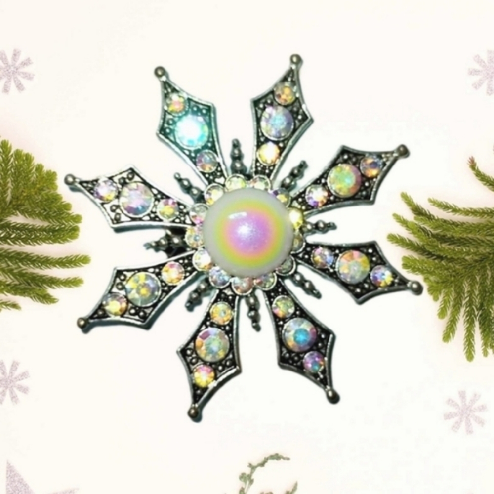 Vintage AB Crystal  Snowflake Brooch Upcycled